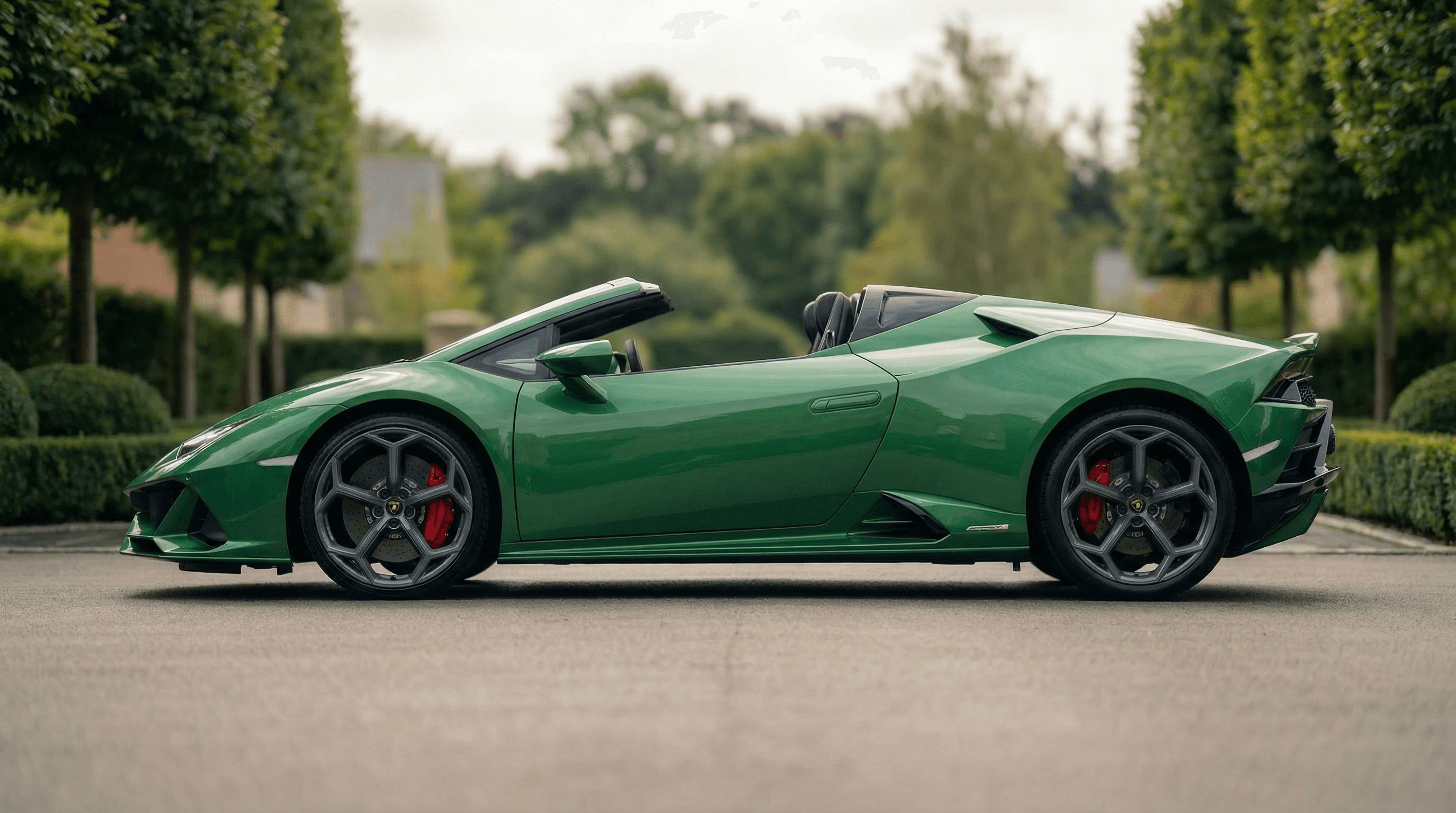 Lamborghini Huracan EVO Spyder Green side view - supercar hire UK