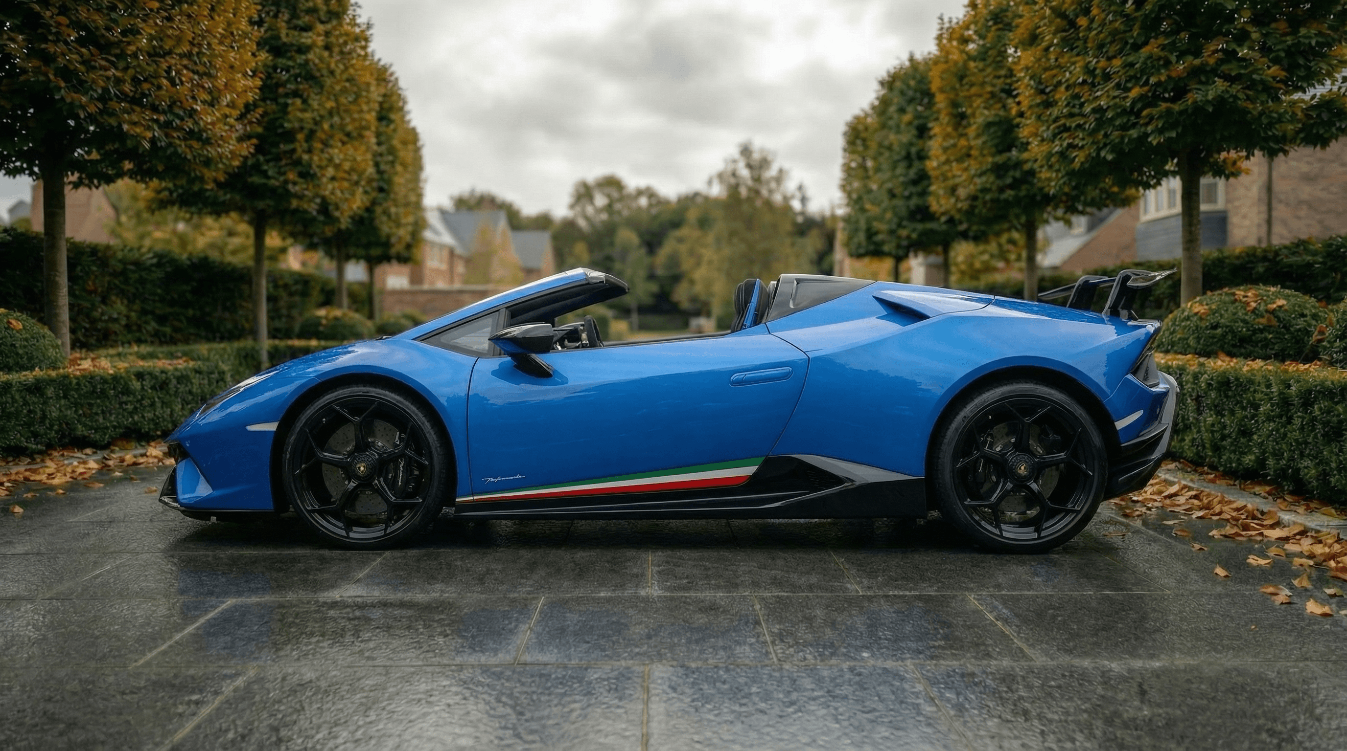 Lamborghini Huracan Performante Spyder Blue side view - supercar hire UK