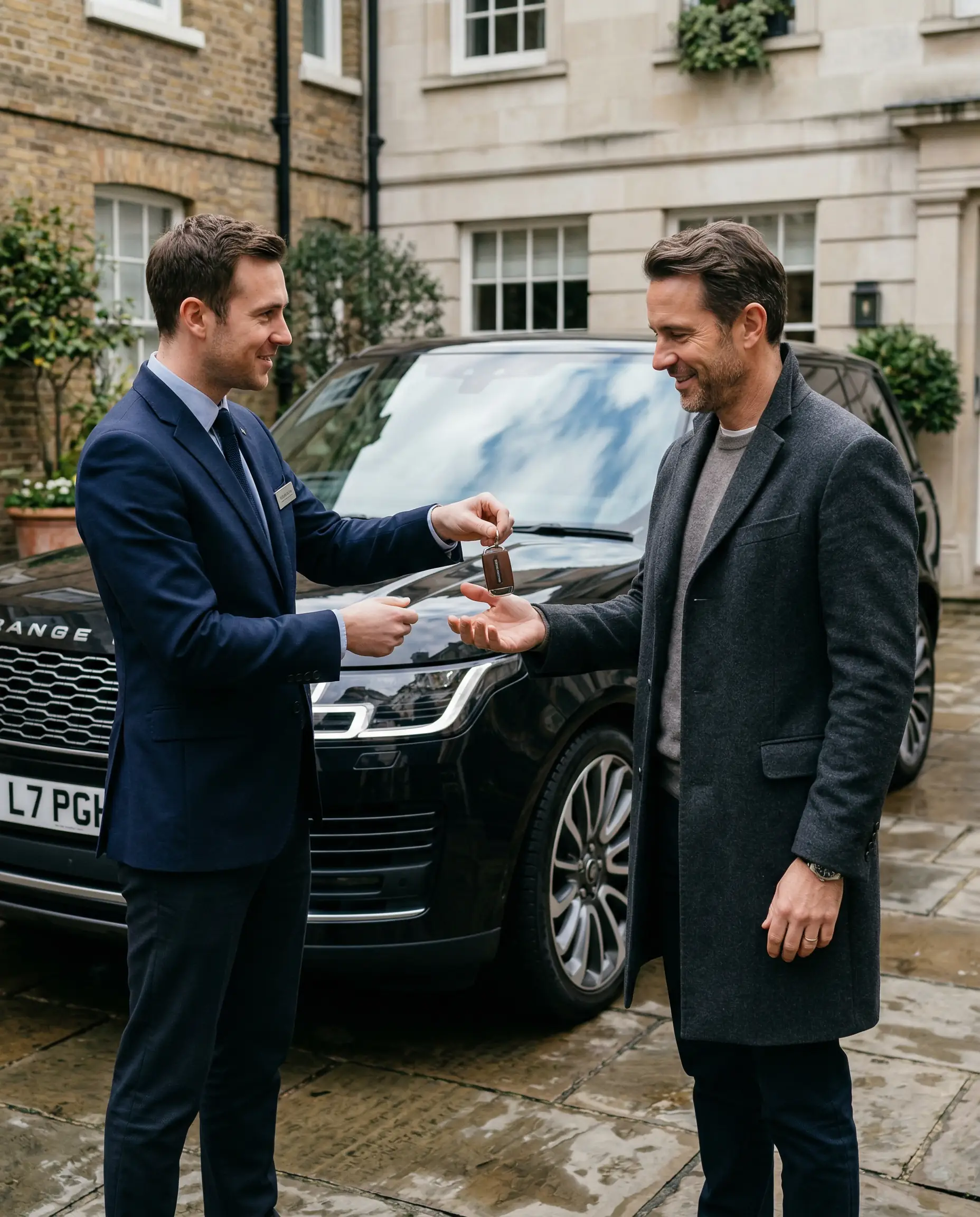 Chauffeur in a navy suit handing over Range Rover keys to a client outside a London townhouse