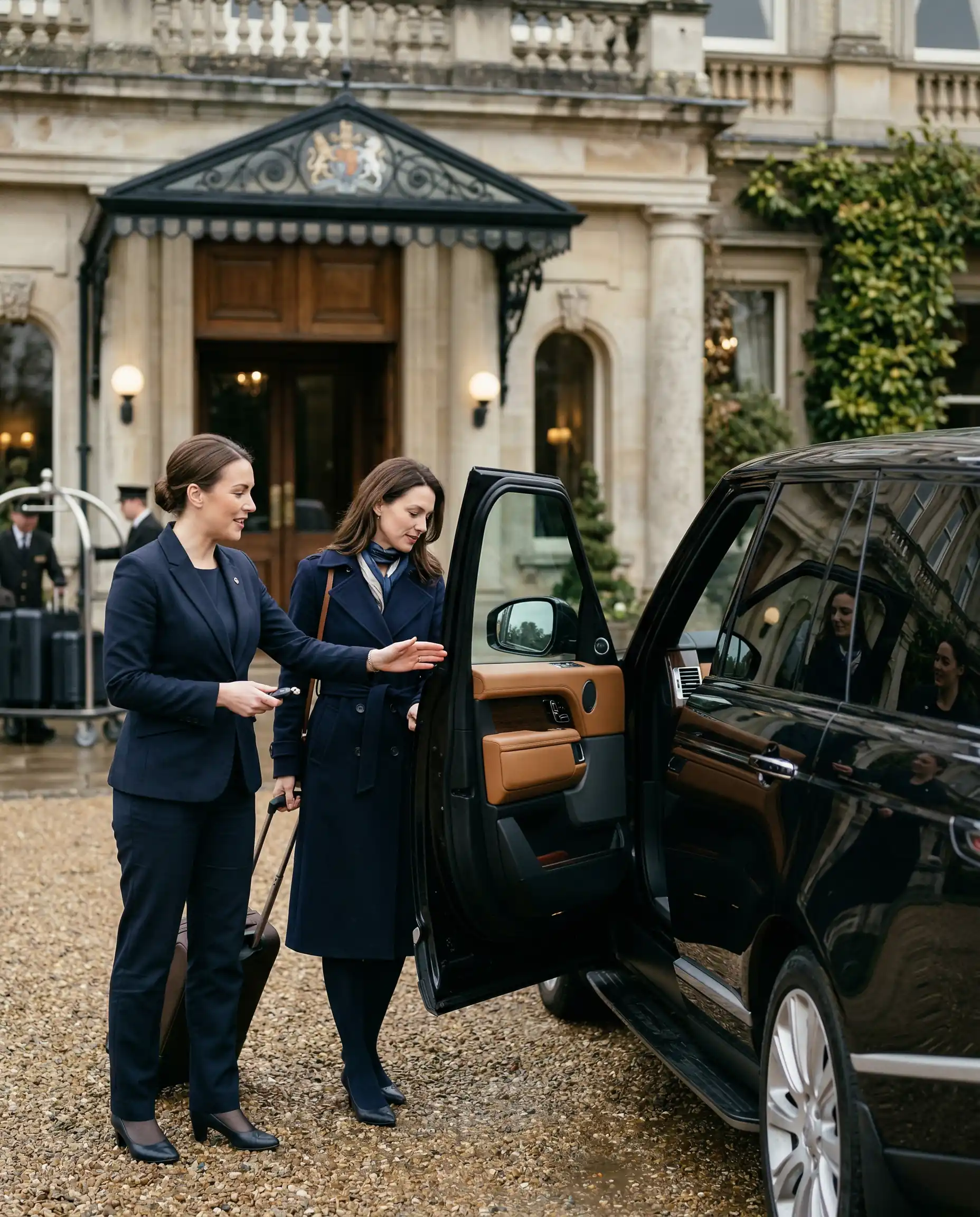 Uniformed chauffeur greeting a client beside a black Range Rover at a heritage hotel entrance