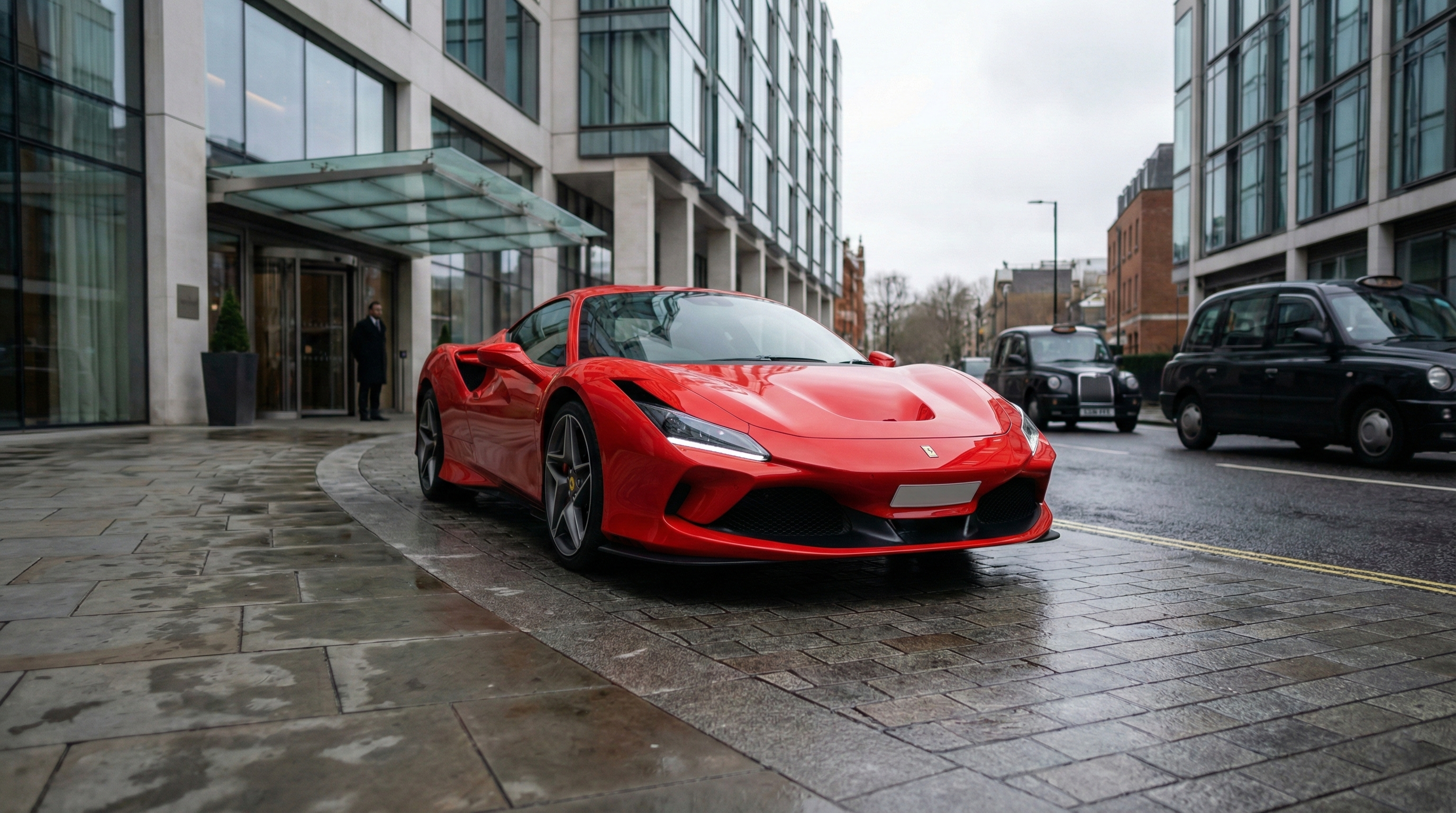 Ferrari arriving in Leeds city centre — Dark Arches and Victoria Quarter backdrops for urban photoshoot hire
